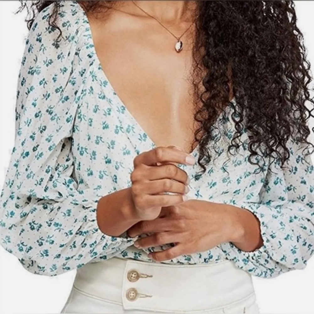 Free People white w green Sweetie Pie Blouse S
